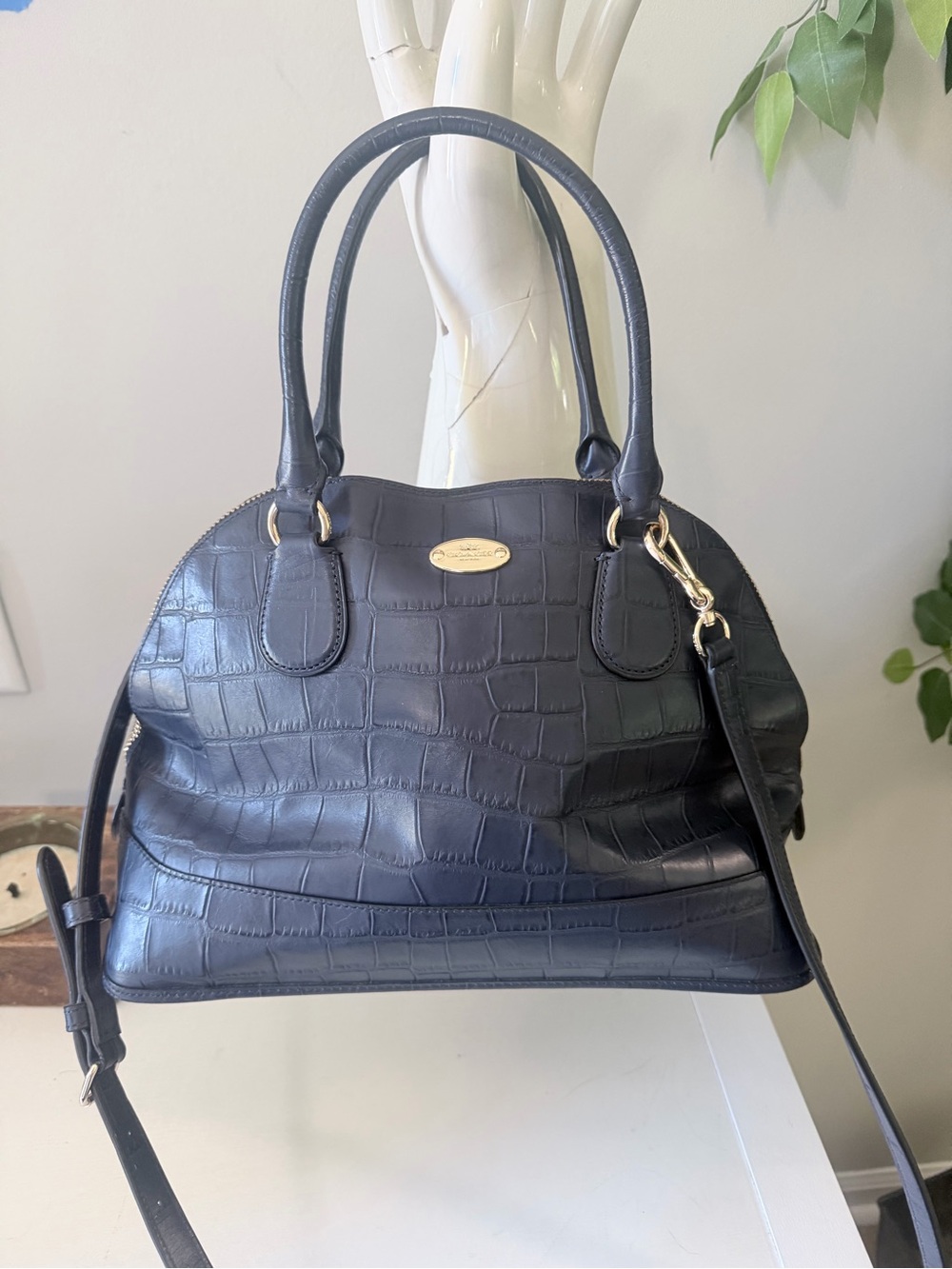 Coach Cora Navy Croc Embossed Leather Satchel Crossbody F34053